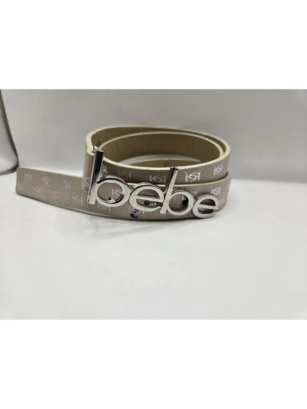 VTG Y2K Bebe Monogram Logo Belt Beige Tan Sand Silver Script Word Buckle Sz L